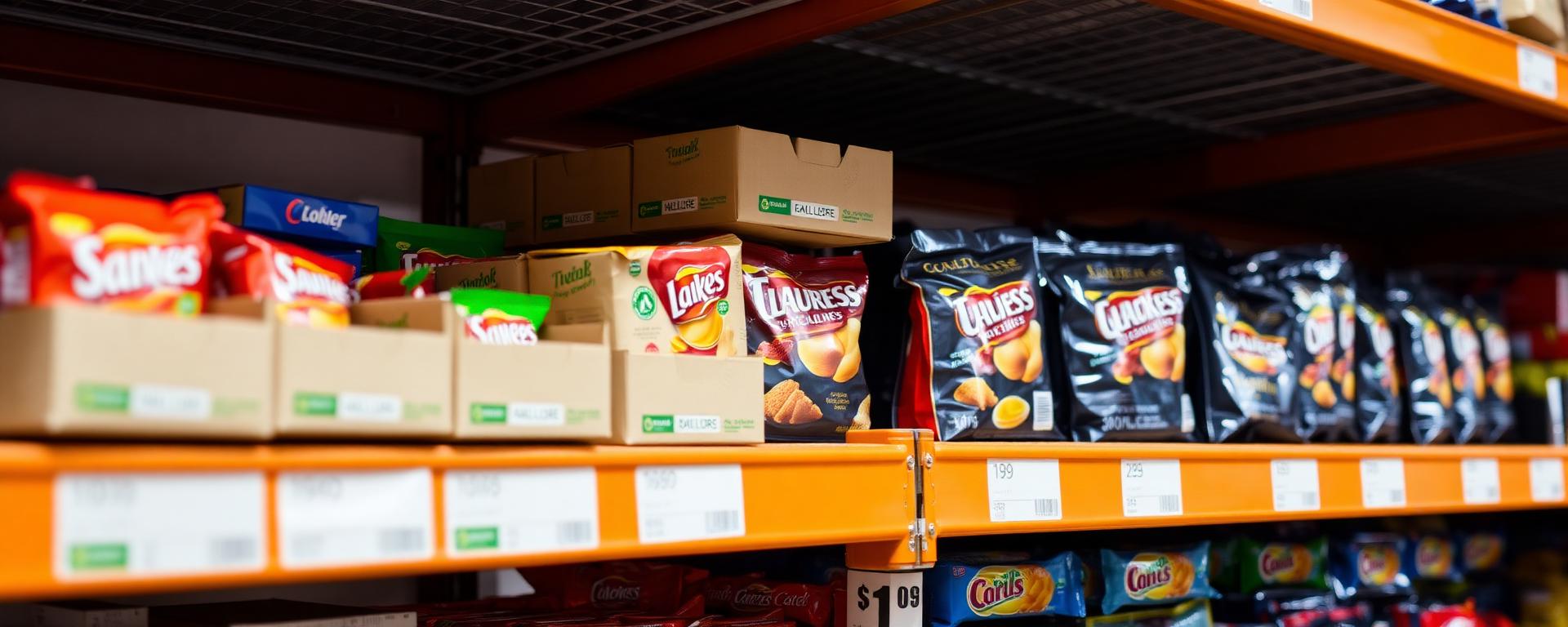 Wholesale snack boxes on warehouse shelves