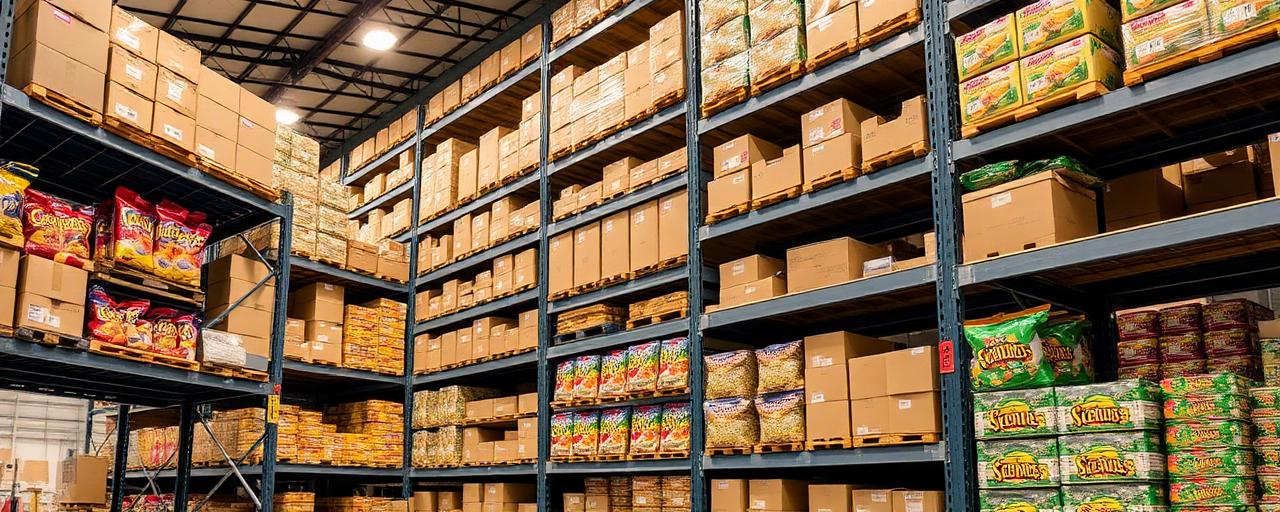 Wholesale snack boxes stacked on warehouse shelves